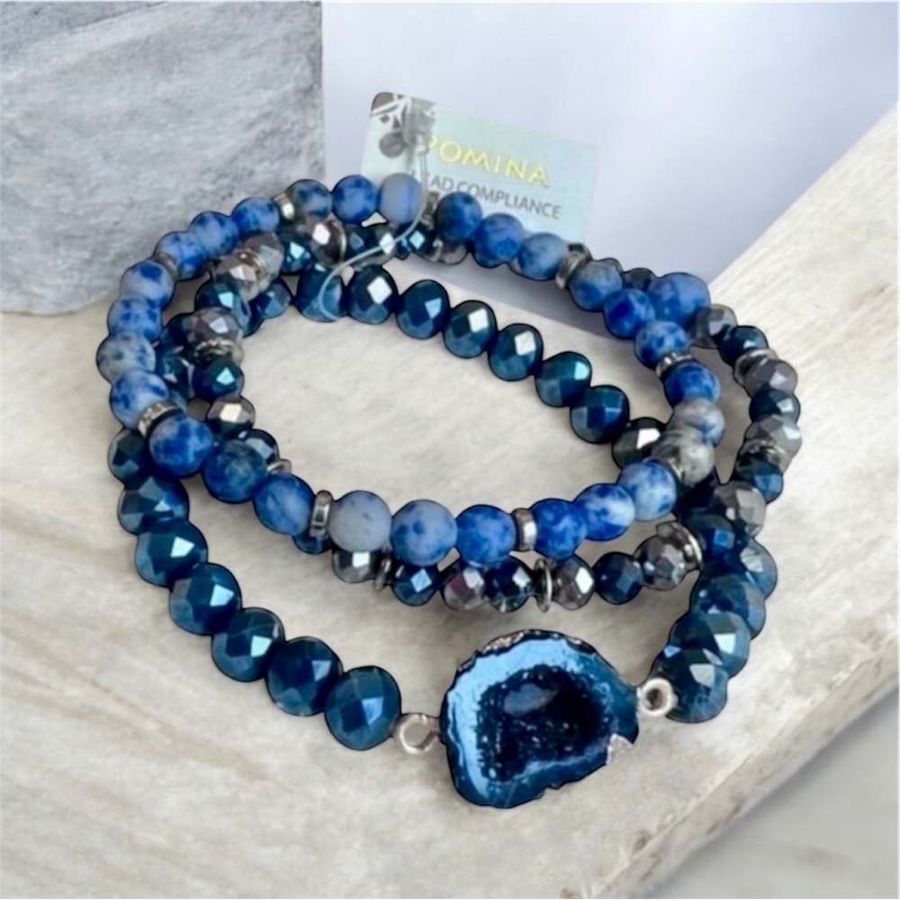 Pomina NWT Dark/Light Blue Semi Precious‎ Stone Geode Stretch Triple Bracelets